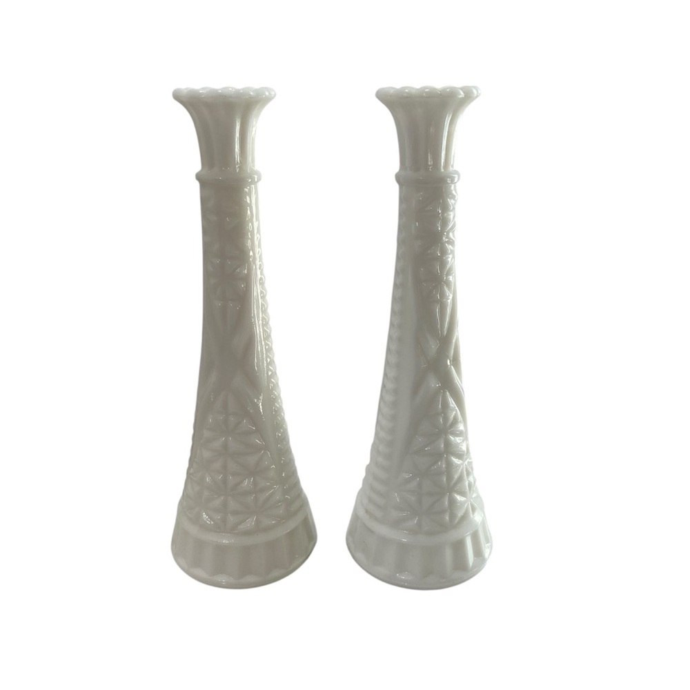 Vintage MCM Design Anchor Hocking Stars Bars Milk Glass Bud Vases set of 2 ivory - Picture 2 of 7